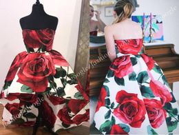 Print Big Rose HiLo Homecoming Dresses 2019 Strapless Neckline Floral Prom Dress 2k18 Backless Real Pictures3750576