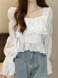 Women's Blouses White Blouse Korean Sweet Chic Shirt Female French Ruffled Short Top Lady Fashion Casual Long Sleeve Square Collar Clothes
