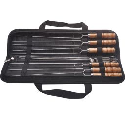 Forks HOT Stainless steel barbecue skewer, wooden handle barbecue storage bag kit, outdoor camping tools, 10 units per set