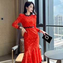 Casual Dresses French Lace Solid Red Dress High Waist Trumpet Slim Women's Elegant Autumn And Winter For Women 2024