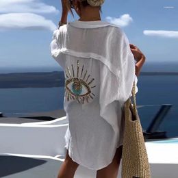 Evil Eye Casual Sequin Beaded Shirt Spring Geometric Top Long Sleeve Loose Shirts Summer Turn-down Collar Button Cover-Ups