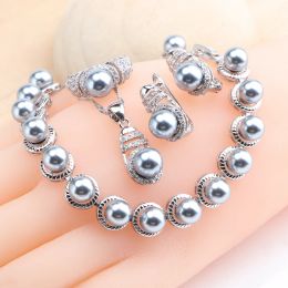 Bracelets 925 Sterling Silver Pearl Jewellery Sets Bridal Women White Zircon Rings Earrings Wedding Bracelets Pendant Necklace Set