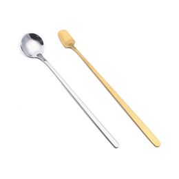 Steel Coffee Bar Stainless Retro Scoops Round Head Gold Spoon Long Handle Square Home Kitchen Tools