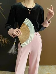 Women's T Shirts Plum Blossom Dark Fragrance Chinese Style Velvet Contrast Colour Spliced Sleeve Round Neck Bottom Top