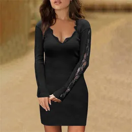 Casual Dresses Deep V-Neck Mini Dress For Women Sexy Solid Lace Long Sleeve Evening Prom Cocktail Party Slim Ladies Vestido