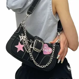 y2k Fi Women's Handbags Stars Pattern Cool Girls Underarm Bag Fi Canvas Female Small Shoulder Bags Chain Tote Purses Z9rC#