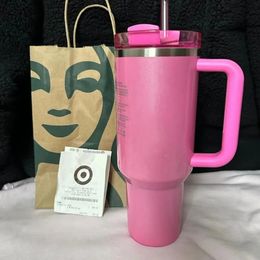 US Stock Co-Branded pink Flamingo H2.0 40oz Stainless Steel Tumblers Cups with Silicone handle Lid Straw Travel Car mugs Cosmo Pink Water Bottles