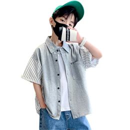 T-shirts Kids Clothing Summer 2022 Short Sleeve Boys Shirts Fashion Cotton Patchwork Striped Shirt Children Turndown Collar Korean Tops