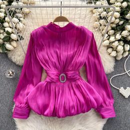 Women's Blouses Clothland Women Vintage Belt Blouse Back Bow Tie Long Sleeve Shirt Retro Female Fashion Casual Tops Blusa Mujer LB105