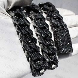 Hot-sale 18mm 20mm Black Plated 2 Rows High Quality Sterling Silver Ice Out Black Cuban Link Chain Moissanite