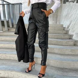 Women's Pants Chic Fashion Button PU Leather Women Spring Bottoming Zip-up Split Trousers Autumn Pockets Slim Bandage Pencil Mujer