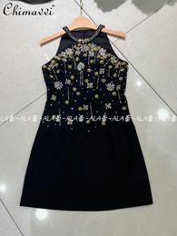 Casual Dresses Spring Summer Fashion Hand-Stitched Beaded Sleeveless Vest Dress Heavy High Waist Slim Short Elegant Ladies Women