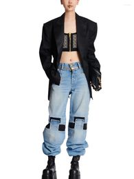 Women's Jeans 2024 Ladies Trend Stitching Casual High -waisted Y2K Clothes -quality Wide -leg Pants Bra XL