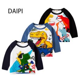 T-shirts 210 Year Children's Clothing Tshirts Cartoon Dinosaur Letter Splicing Stripe Oneck Boys Clothes 2023 New Fashion Kids Clothes
