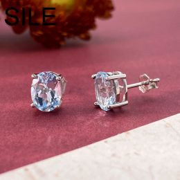 Earrings SILE 6x8MM Natural Sky Blue Topaz Stud Earrings 100% 925 Sterling Silver Daily Jewellery Earrings For Women Party Dating Wedding