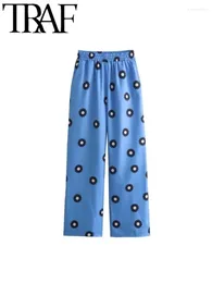 Women's Pants 2024 Summer Printed Women Casual Blue Wide Leg Elastic High Waisted Ankle Length Straight Pant Female Trousers Y2k