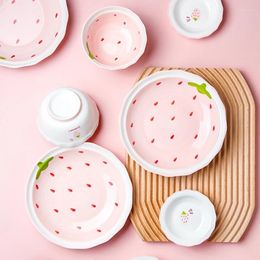 Dinnerware Sets 2024 Strawberry Cutlery Dishes Set Underglaze Ceramic Korean Ins Style Home Lovely Girl Heart Rice Bowl
