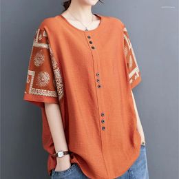 Women's Blouses Vintage Printing O-Neck Loose Batwing Sleeve Clothing 2024 Summer Oversized Casual Tops Commuter Shirts