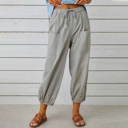 여성용 바지 Capris Womens Cotton Linen Casual Pants 드로 스트링 탄성 허리 느슨한 스트레이트 바지 넓은 다리 바지 주머니하라 주쿠 바지 조깅 바지 Y240422