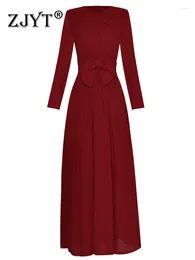 Casual Dresses ZJYT Runway Fashion Bow Red Long For Women Party Evening Elegant Designer 2024 Autumn Vestidos Full Sleeve Solid Holiday