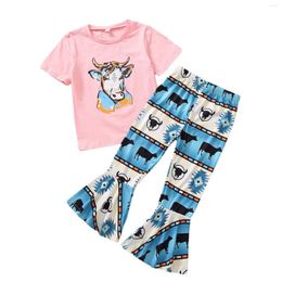 Clothing Sets Baby Toddler Girl Clothes Summer Outfits Short Sleeve Top & Flared Pants Kids Cattle Pattern Fashion