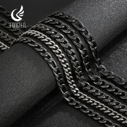 Necklaces Fongten Wide Cuban Chain Hip Hop Men Necklace Vintage Black Metal Stainless Steel Rock Band Figaro Chain Necklaces For Men Gifts