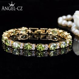 Dubai Yellow Gold Colour Jewellery Oval Olive Green Crystal Connect Bling CZ Classy Ladies Bracelet Bangle For Women AB079 Link Chai239S