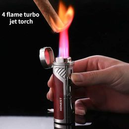 Lighters HONEST Cigar Gas Lighter 4 Flames Power Jet Torch Lighter Metal with Cigar Cutter Windproof Stylish Gift for Men T240422