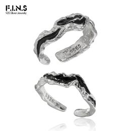 Rings F.I.N.S Original Irregular Black Enamel S925 Sterling Silver Ring Retro Old Uneven Open Adjustable Fashion Fine Finger Jewellery