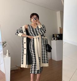 Korean fashion women039s 2021 autumn winter Vneck houndstooth plaid grid knitted sweater cardigan and midi long tank dress 2 p6598498