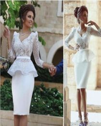 White Knee Length Cocktail Dresses Peplum Sheath Long Sleeve V Neck Lace Short Party Dresses Formal Prom Gowns Women Dresses for W5063852