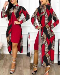 Casual Dresses Women's Fashion Leopard Print Summer Mock Neck Long Sleeves Asymmetric Slit Daily Midi Dress 2024