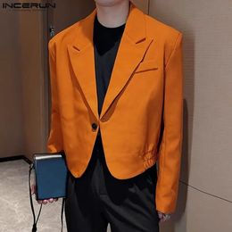 INCERUN Men Blazer Solid Colour Lapel Long Sleeve One Button Korean Male Casual Suits Streetwear Fashion Crop Coats S5XL 240422