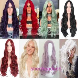 HD Body Wave Highlight Lace Front Human Hair Wigs For Women Mid length lace full head curly wig red pink wool front long style