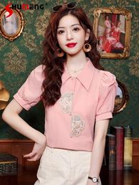 Women's Blouses Polo Collar Short-Sleeve Chiffon 2024 Summer Chinese Style Embroidery Shirt Unique Age Reduction Tops Clothes
