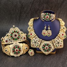 Strands Sunspicems Gold Color Morocco Bride Wedding Jewelry Sets Women Caftan Belt Round Choker Necklace Cuff Bracelet Earring Ring Set