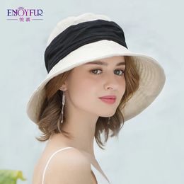 ENJOYFUR Summer Sun Hats For Women Foldable Cotton Bucket Hat Brand Wide Brim Beach Hat Dome Patchwork UV Travel Fisherman Cap 240418