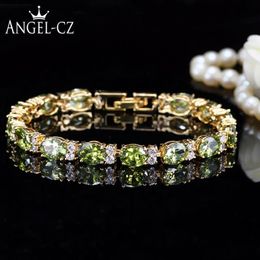 Dubai Yellow Gold Colour Jewellery Oval Olive Green Crystal Connect Bling CZ Classy Ladies Bracelet Bangle For Women AB079 Link Chai2215