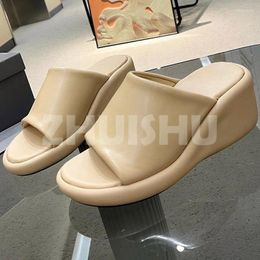Slippers Women Summer Genuine Leather Upper Platform Design Round Toe Open Wedges Concise Versatile Female Shoes