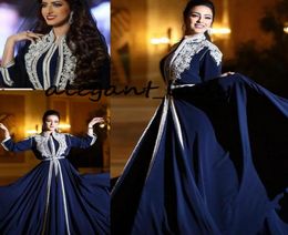 Navy Blue Kaftan Caftan Moroccan Evening Formal Dresses 2021 Lace Embroidery Long Sleeve Muslim Arabic Prom Fashion Dress3937022
