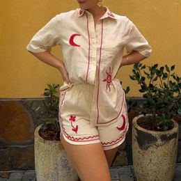 Women's Tracksuits Y2K Vintage Summer Loungewear Set Sun Moon Pattern Short Sleeve Button Down Tops With Shorts Linen Outfits