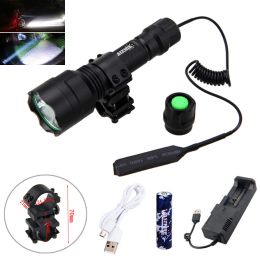 Scopes Tactical Hunting Torch White LED Light Hunting Flashlight+Rifle Mount +Remote Pressure Switch+1*18650 Battery+USB Charger