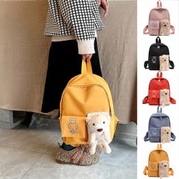 Bags Large Capacity Canvas Mommy Bag Primary School Students Backpack Zipper Schoolbag for Girls Solid with Cute Bear Toy Mochila