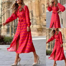 European and American womens printed lace up contrasting Bohemian slit dress 240418