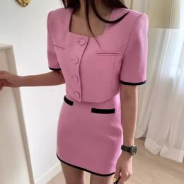 Small Fragrant Skirt Suit for Women Tweed Short Coat Short Sleeve Female Summer Fashion Korea Chic 2 Piece Set 240415