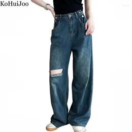 Women's Jeans Kohuijoo American Retro Hole Women High Waisted Design Street Distress Wide Leg Denim Pants Loose Casual