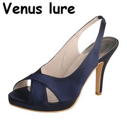 Womens Sandals Summer Shoes Navy Blue Prom Shoes High Heel Peep Toe 240419