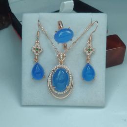 Sets Blue Suits Natural S925 Ice Chalcedony Set Silver Plated Stone Sweet Lady Agate Ring Water Drop Earrings Round Gemstone Pendant