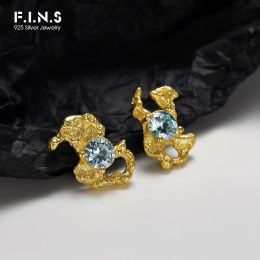 Earrings F.I.N.S 925 Sterling Silver Gold Irregular Stud Earrings France Style Wrinkle Solid Silver 925 CZ Black Blue Zircon Earring Fine