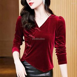 Ethnic Clothing 2024 V-neck Velvet Top Women Autumn Retro Chinese Style Disc Buckle Long Sleeve Cheongsam Blouse Fashion Daily Base Shirt